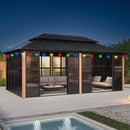 PURPLE LEAF Sunroom Hardtop Gazebo Solarium Wood Grain  Galvanized Steel Double Roof All-Weather Aluminum Outdoor Screen House with String Lights