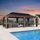 PURPLE LEAF Hardtop Gazebo for Patio Wood Grain Galvanized Steel Frame Awning with String Lights-milky