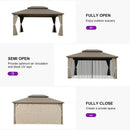 PURPLE LEAF Deck Gazebo Champagne Hardtop Metal Frame Double Roof with Curtains and Netting with Lights-clear