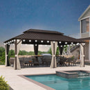 Bronze hardtop gazebo with lights, curtains, and outdoor furniture near a pool.