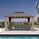 PURPLE LEAF Deck Gazebo Champagne Hardtop Metal Frame Double Roof with Curtains and Netting with Lights-milky