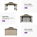 PURPLE LEAF Deck Gazebo Champagne Hardtop Metal Frame Double Roof with Curtains and Netting with Lights-clear
