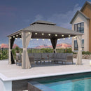 PURPLE LEAF Deck Gazebo Champagne Hardtop Metal Frame Double Roof with Curtains and Netting with Lights-clear
