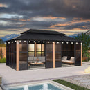 PURPLE LEAF Sunroom Hardtop Gazebo Solarium Wood Grain  Galvanized Steel Double Roof All-Weather Aluminum Outdoor Screen House with String Lights