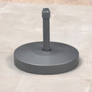 Gray patio umbrella base on tiled surface, providing stability and weather protection.