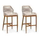 Set of two PURPLE LEAF outdoor bar stools with rope weave backrests and cushioned seats.