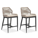 Set of two outdoor bar stools with rope weave backrests and cushioned seats, ideal for patio.