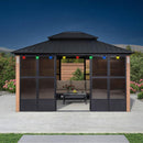 Wood grain hardtop gazebo with string lights and sliding doors, outdoor patio furniture, hardtop gazebo
