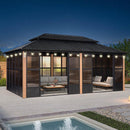 Wood grain hardtop gazebo with string lights, black frame, and sliding doors, perfect for outdoor patio and garden