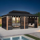 Wood grain hardtop gazebo with string lights and sliding doors, outdoor patio furniture, hardtop gazebo.