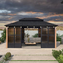 PURPLE LEAF Sunroom Hardtop Gazebo Solarium Wood Grain  Galvanized Steel Double Roof All-Weather Aluminum Outdoor Screen House with String Lights