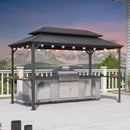 Hardtop grill gazebo with a grey metal roof, outdoor BBQ canopy, and string lights, offering patio shade solutions.
