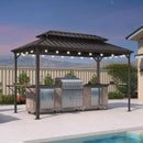 Bronze hardtop grill gazebo with string lights, perfect for outdoor grilling and entertaining.