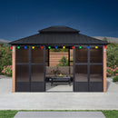 Wood grain sunroom gazebo with string lights and sliding doors, aluminum frame, outdoor patio furniture