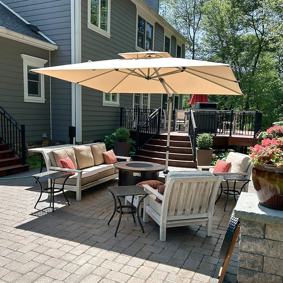 best oversized patio umbrella 13x13 ft / 11x15 ft Outdoor it comes with 36 LED lights (3 on each rib) powered by 3 solar panels Pellebant Double Top 13 ft.