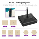 PURPLE LEAF Market Umbrella Base with 115 lbs capacity, shown with various umbrella sizes.