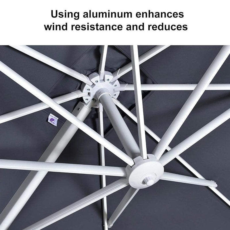 The PURPLE LEAF White Economy Patio Umbrella with 8 heavy-duty aluminum ribs for lighter weight but more strength and stability. Anti-oxidation spray paint can protect the umbrella well. The white oatio umbrella can match many environments and make the overall match cleaner and brighter.
