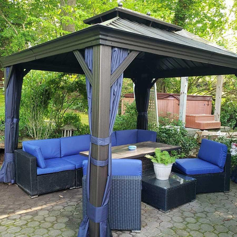 【Outdoor Idea】PURPLE LEAF Hardtop Gazebo with Bronze Aluminum Frame Navy Blue Curtain Outdoor Dining Sets-Bundle sales - Purple Leaf Garden