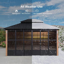 All-weather wood grain hardtop gazebo: heat, wind, rain, and snow resistant, ideal for outdoor use.