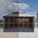 All-weather gray hardtop gazebo sunroom with sliding doors, wind, rain and snow resistant, outdoor patio shade solution