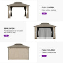 PURPLE LEAF Deck Gazebo Champagne Hardtop Metal Frame Double Roof with Curtains and Netting with Lights-clear