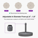 PURPLE LEAF patio umbrella size recommendations, adjustable diameter base with 9, 10, and 11 FT options.