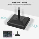 Black patio umbrella base with casters for easy movement, durable HDPE material.