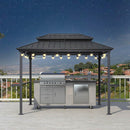 PURPLE LEAF Hardtop Grill Gazebo for Patio Grey Permanent Metal Roof Outside Sun Shade Outdoor BBQ Canopy with String Lights