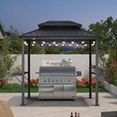 Hardtop grill gazebo with string lights and outdoor kitchen, perfect for patio BBQ parties