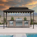 PURPLE LEAF Hardtop Grill Gazebo for Patio Bronze Permanent Metal Roof Outside Sun Shade Outdoor BBQ Canopy with String Lights