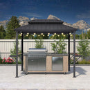 Hardtop grill gazebo with integrated outdoor kitchen, stainless steel grill, patio shade