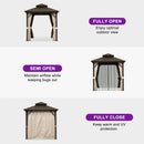 Bronze hardtop gazebo with curtains in three positions: open, semi-open, closed; offering airflow, bug, and UV protection.