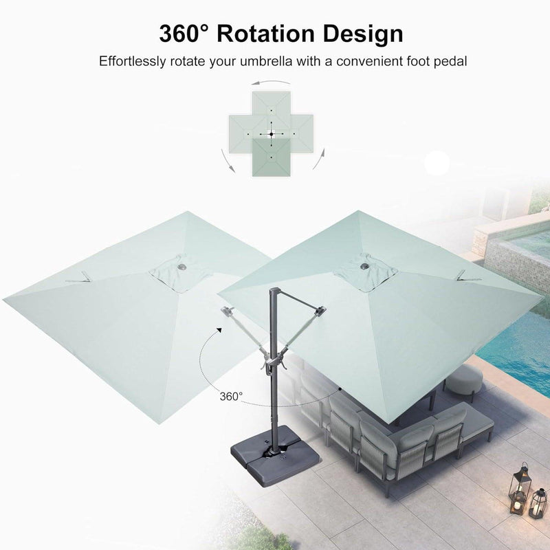 PURPLE LEAF Economical Square Outdoor Umbrella Olefin Rectangle Patio Umbrella Multifunctional Adjustment: The patio umbrella can be easily rotated 360° horizontally with the foot pedal design. With the aluminum handle and 5 height-adjustable tilt operating system, you can easily change the height and angle of the canopy to provide more protection from the sun.