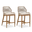 Set of 2 outdoor bar stools with rope weave backs and cushioned seats