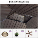 Hardtop gazebo interior with built-in ceiling hooks for lights, decor, and fans. Bronze metal roof with ventilation.