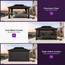 PURPLE LEAF Metal Gazebo Double Roof Wood Grain Aluminum Frame with Curtains and Netting