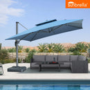 Blue Sunbrella Cantilever Patio Umbrella over outdoor furniture, creating patio shade solutions
