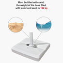 White patio umbrella base requires sand and water filling, reaching 192 kg weight for stability.