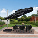 Black square cantilever patio umbrella shading outdoor dining set with chairs on a wooden deck