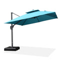 Cantilever patio umbrella with blue canopy, providing shade. Durable outdoor patio umbrella.