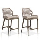 Set of 2 outdoor bar stools with rope weave backrests and cushioned seats