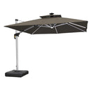 PURPLE LEAF Sunbrella cantilever patio umbrella with solar LED lights, square canopy, brown fabric and aluminum frame.