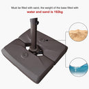 Cantilever umbrella base with 192kg weight capacity, filled with sand and water, patio shade solution.