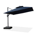 Navy blue SUNBRELLA double-top cantilever patio umbrella with aluminum frame, patio shade solutions.
