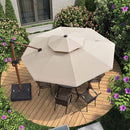 Beige PURPLE LEAF cantilever patio umbrella over outdoor dining set on wooden deck.