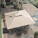 Purple Leaf double-top aluminum cantilever umbrella in wood color with solid base, featuring elegant design and enhanced ventilation for patio areas.