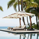 PURPLE LEAF wood-color double-top cantilever patio umbrella over pool with lounge chairs, outdoor shade