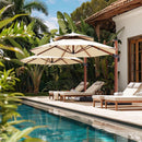 PURPLE LEAF Wood-color double-top cantilever patio umbrella with base over pool, providing shade, outdoor furniture
