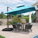 Turquoise blue cantilever patio umbrella over outdoor dining set.