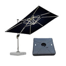 PURPLE LEAF LED cantilever patio umbrella with base, dark blue canopy with integrated LED lights, aluminum frame.